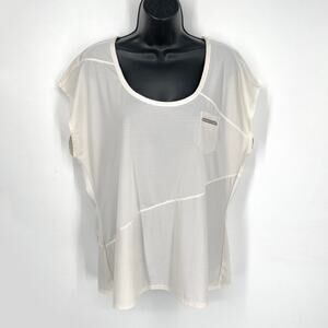 Athleta Speedsetter Short Sleeve Pocket Tee Sz XL White Asymmetrical Stitching